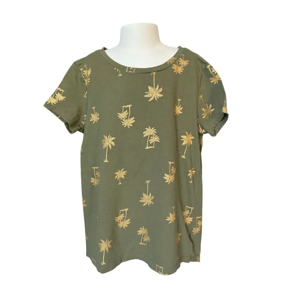 Girls L 10-12 Old Navy Olive Green Gold Palm Tree Short Sleeve Softest Tee Shirt